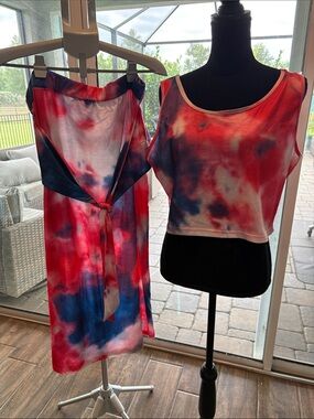 Red, Blue & White Tie-Dye Two-Piece Top and Skirt Set sz 1X